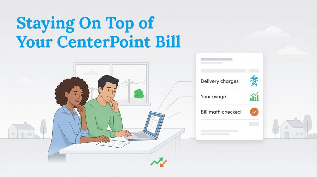 A couple reviews their CenterPoint bill online, focusing on delivery charges, usage, and verifying calculations.