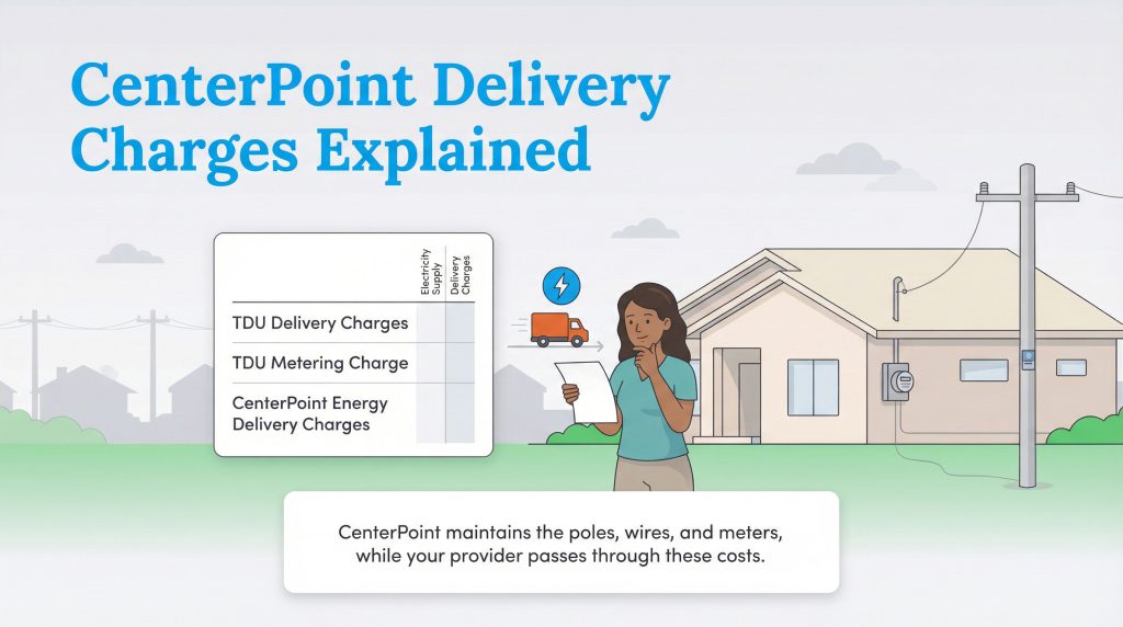 A woman views an electric bill graphic breaking down CenterPoint TDU delivery and metering charges.