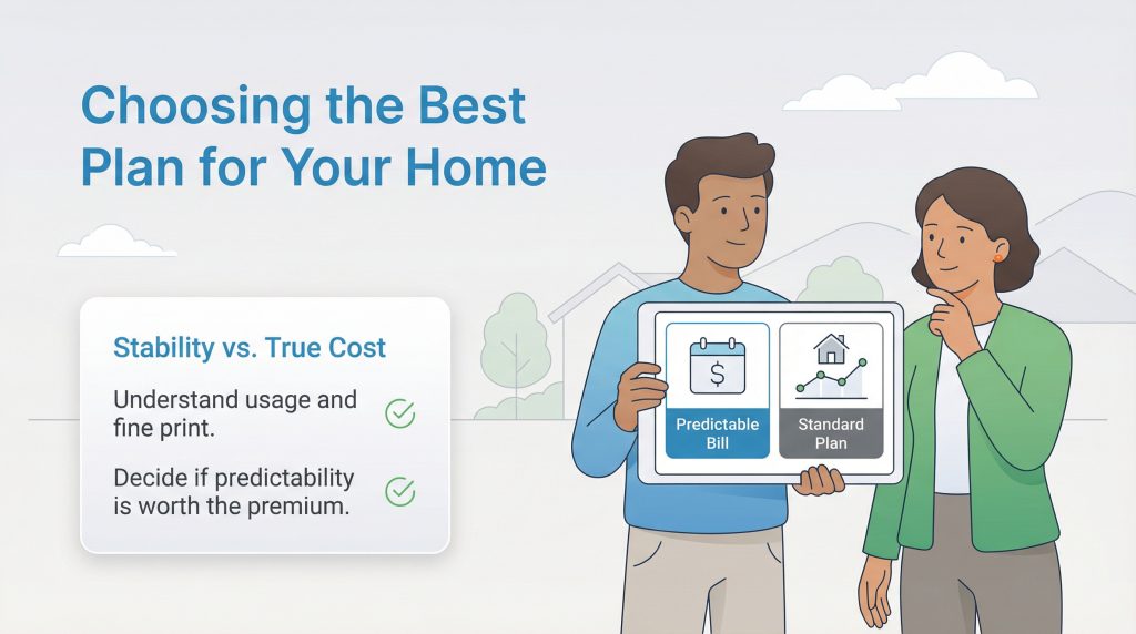A couple compares Predictable Bill and Standard Plan energy options on a tablet illustration.