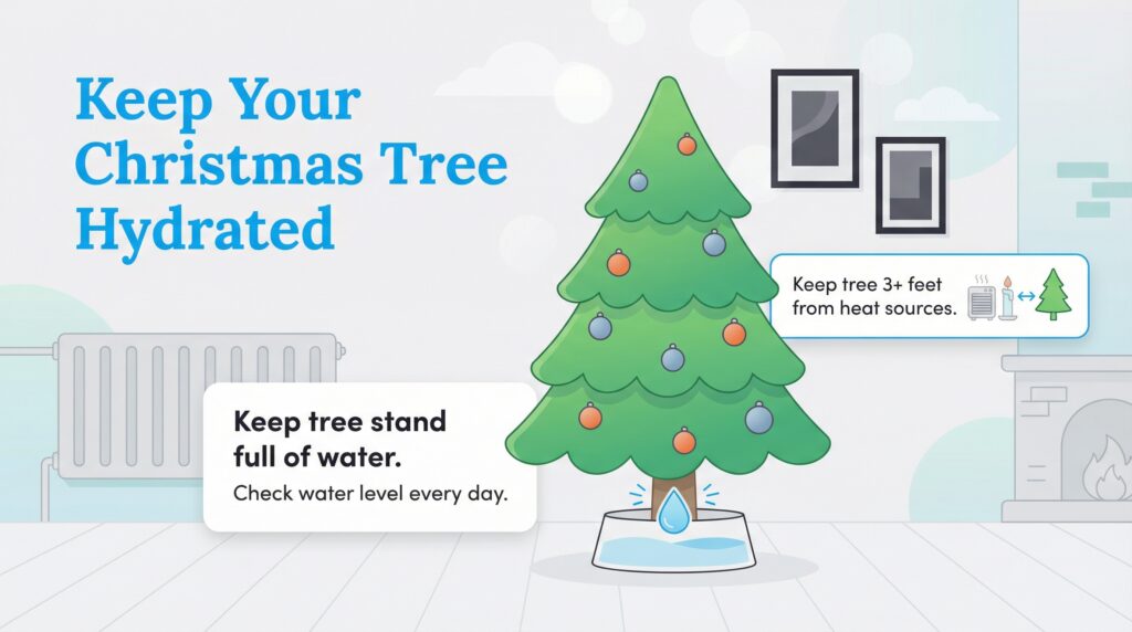 Infographic showing a Christmas tree with tips to keep it hydrated and away from heat sources.