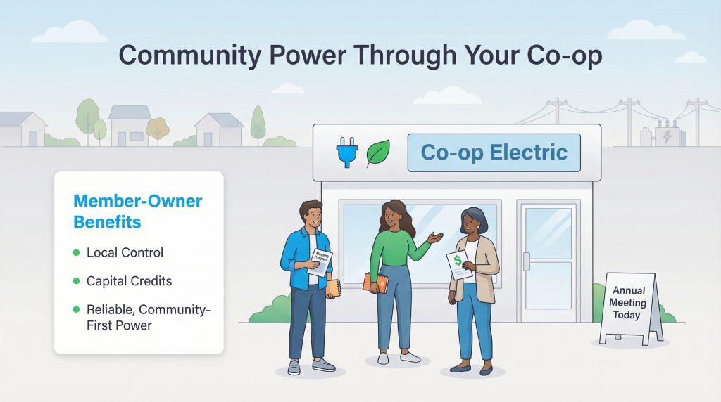 Illustration of Co-op Electric building with people and a list of Member-Owner Benefits like Local Control and Capital Credits.