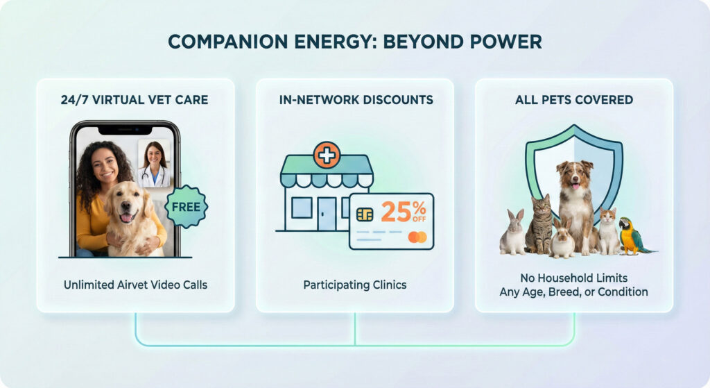 Companion Energy offers virtual vet car and in-network discounts for all of your pets.