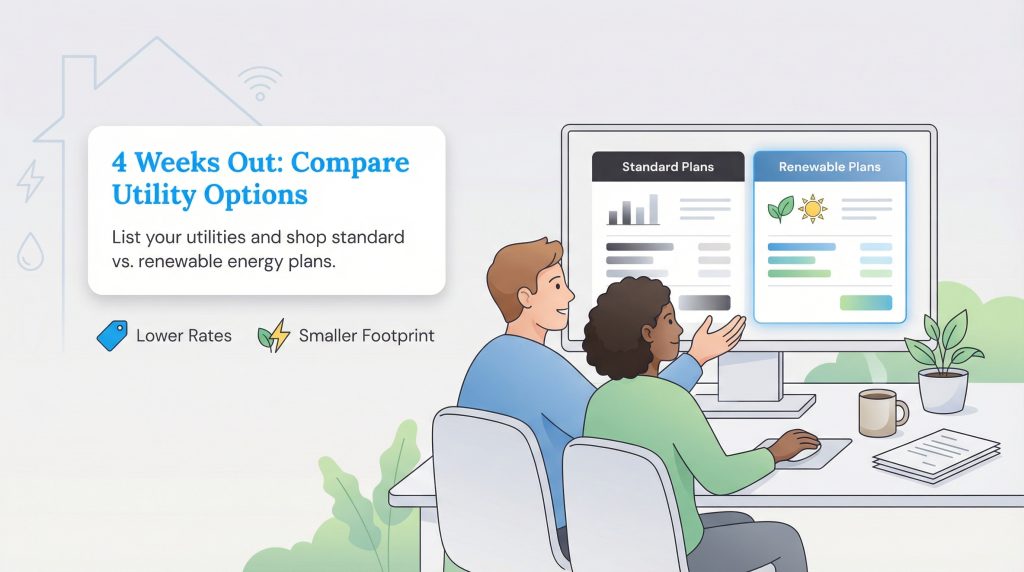 Couple at a computer comparing standard and renewable utility plans four weeks before a move.