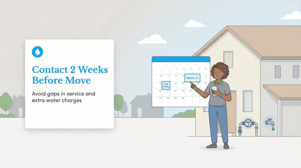 A person points to a calendar marking "Call Utility" two weeks before a "Move-In" date, next to text advising early contact.