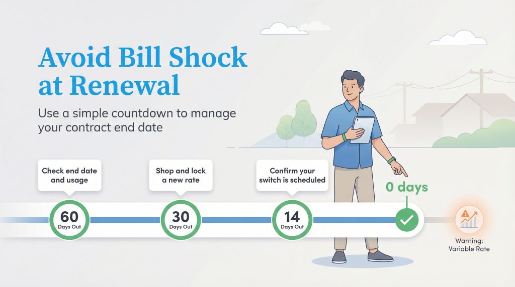 Timeline infographic showing a 60-day countdown to manage electricity contract renewal and avoid variable rates.
