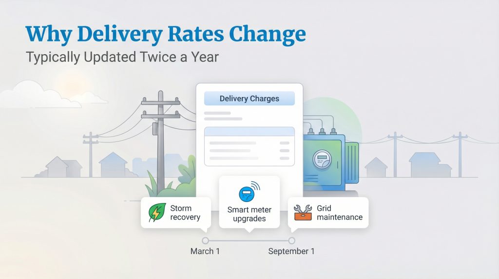 Infographic explaining delivery rate changes are influenced by storm recovery, smart meter upgrades, and grid maintenance.