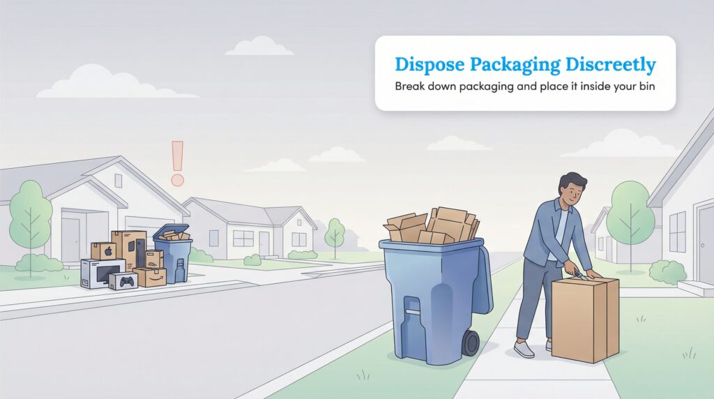 A man breaks down cardboard boxes for a recycling bin, contrasting with another home's overflowing branded boxes.