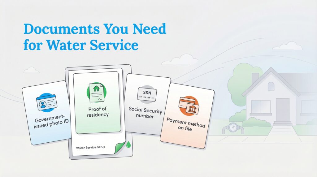Infographic listing documents for water service: ID, residency proof, SSN, and payment method.