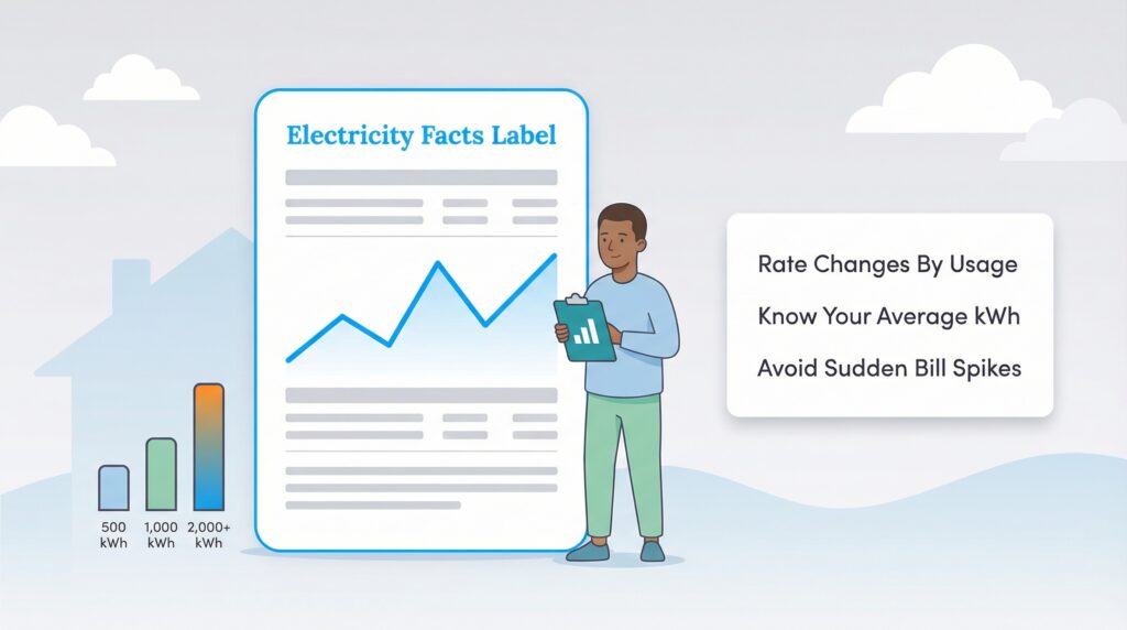 Infographic showing a man reviewing an Electricity Facts Label where rates change based on usage.