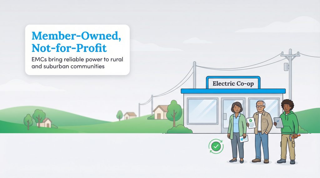 Illustration of three people at a rural Electric Co-op building with text about being member-owned and not-for-profit.