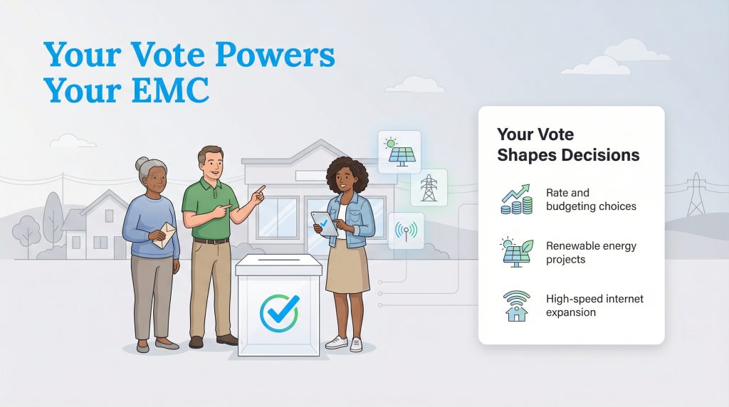 Illustration of EMC members voting, showing how their vote shapes decisions like rate changes, renewable energy, and internet expansion.