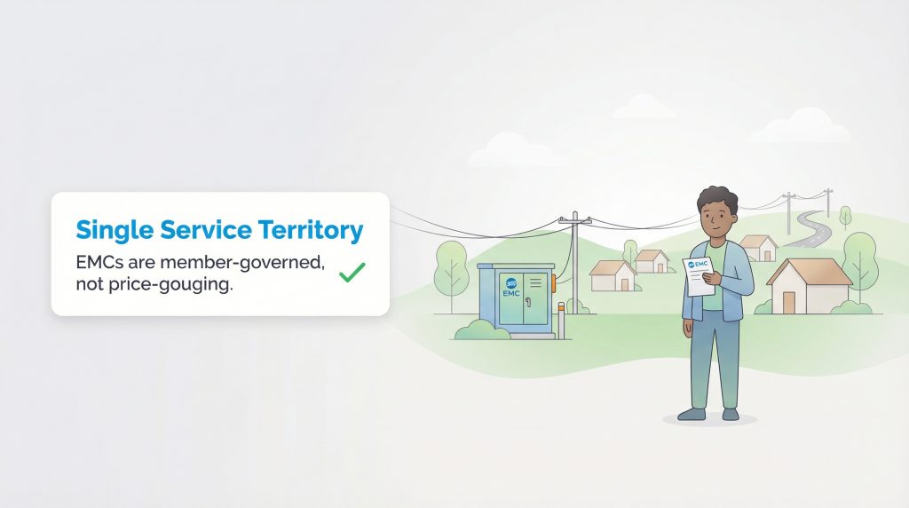 Illustration showing an EMC single service territory in a rural area, stating they are member-governed and not price-gouging.