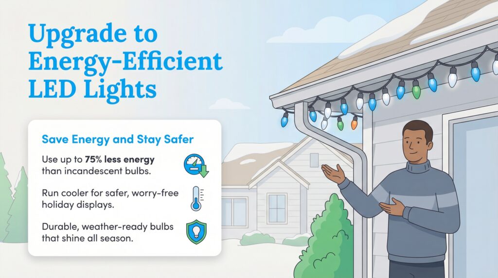 Infographic illustration showing the benefits of upgrading to energy-efficient LED holiday lights.