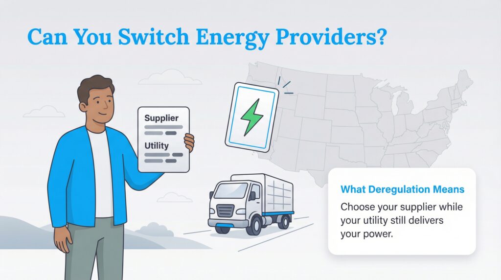 Infographic on energy deregulation: choose your supplier, utility still delivers power.