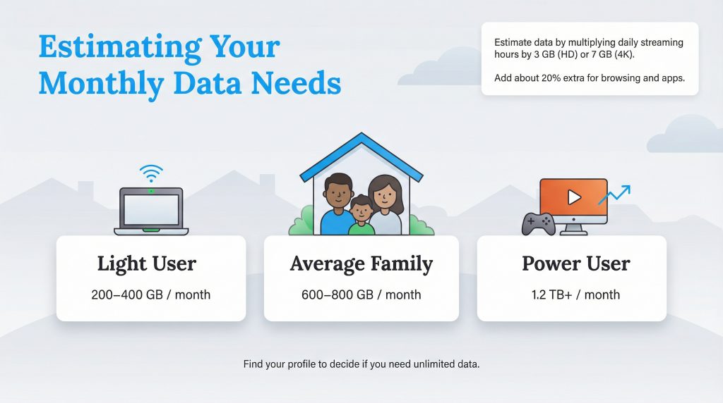 Infographic estimating monthly data needs for Light User, Average Family, and Power User profiles.