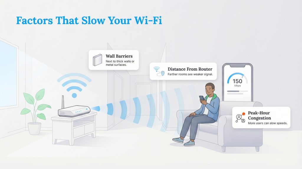 Illustration showing wall barriers, distance, and congestion as factors that slow Wi-Fi speeds.