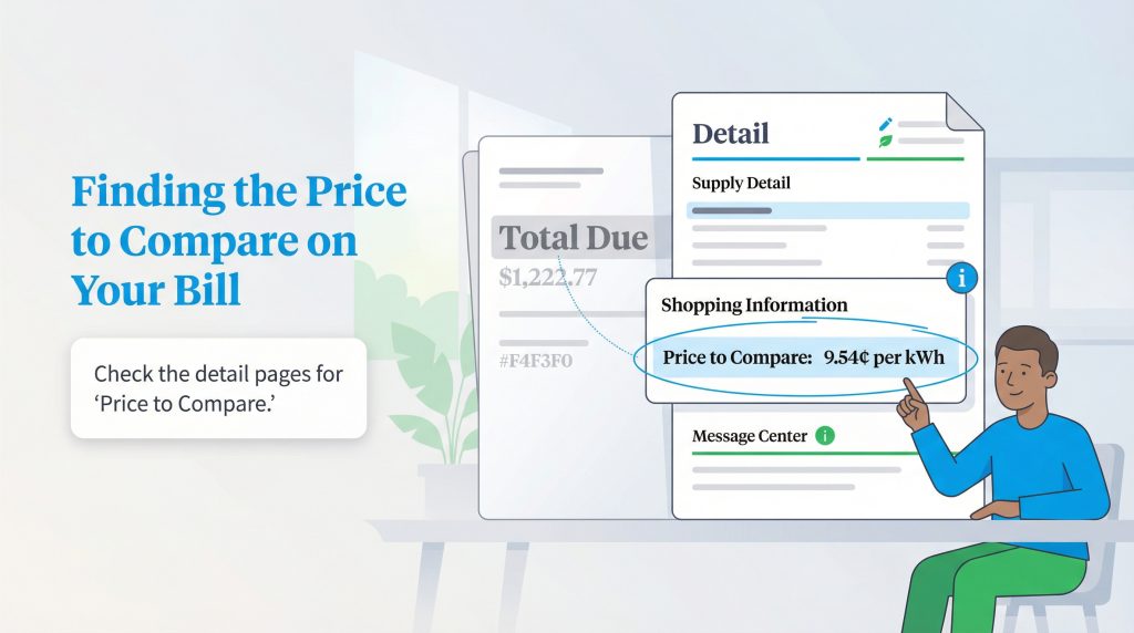 A person highlights the 'Price to Compare' rate found on a utility bill's detail page.
