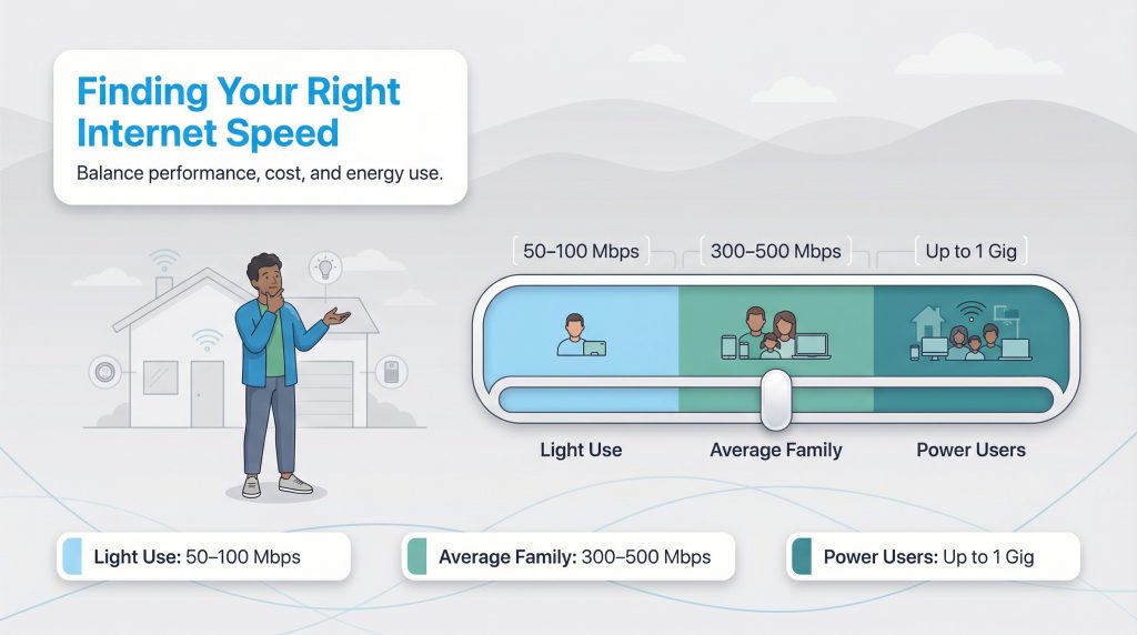 Infographic with a slider categorizing internet needs into Light Use, Average Family, and Power Users.