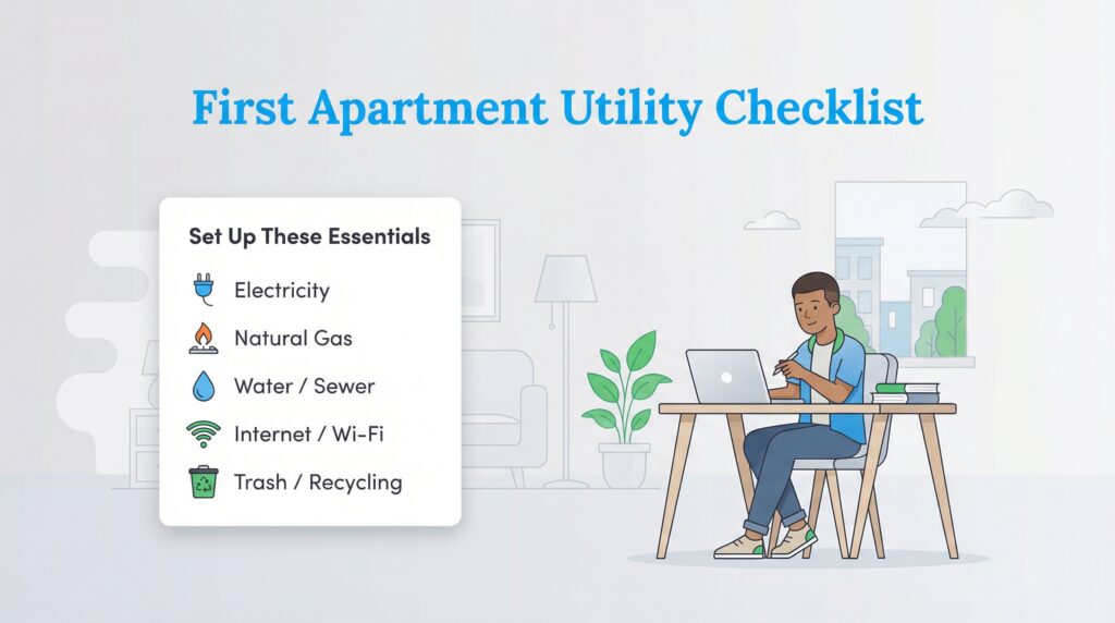 Checklist infographic for first apartment utilities: electricity, gas, water, internet, and trash.