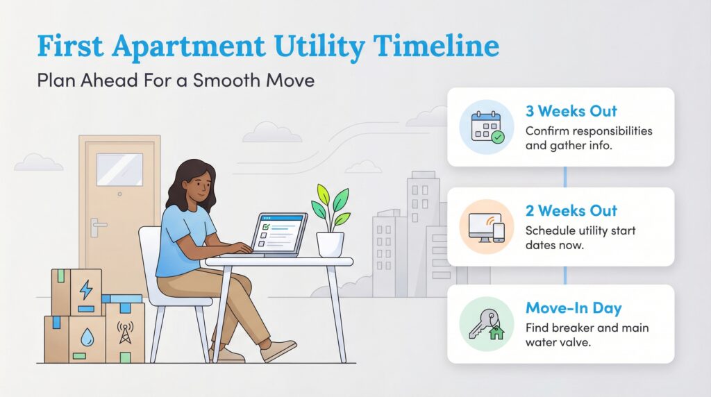 Infographic timeline detailing utility setup tasks at 3 weeks out, 2 weeks out, and move-in day.