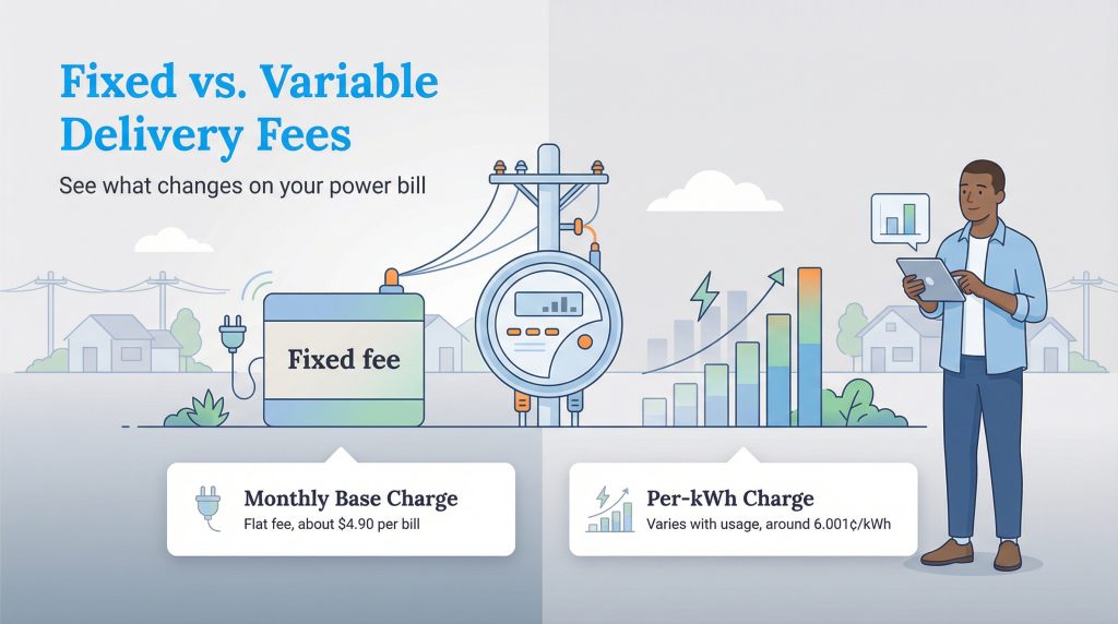Illustration comparing fixed Monthly Base Charge and variable Per-kWh Charge on a power bill.