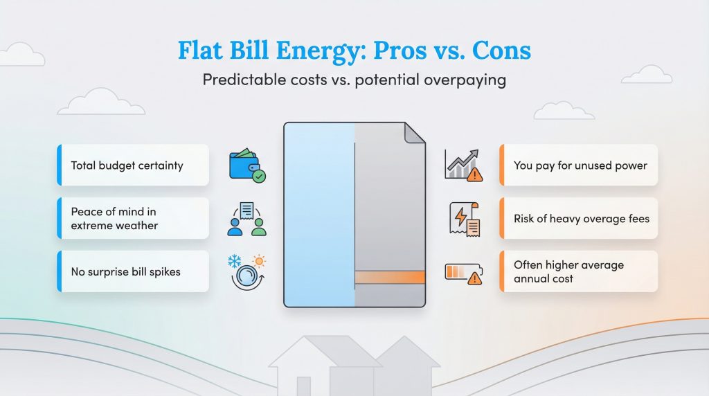Infographic listing pros and cons of flat bill energy, contrasting budget certainty with higher costs.