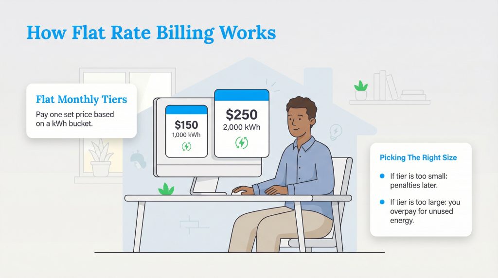 Illustration of a man at a computer with options for $150 and $250 flat rate energy plans.