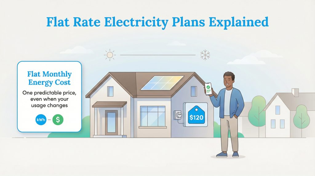 A man stands outside a house with a flat monthly energy cost of $120 shown on a meter.