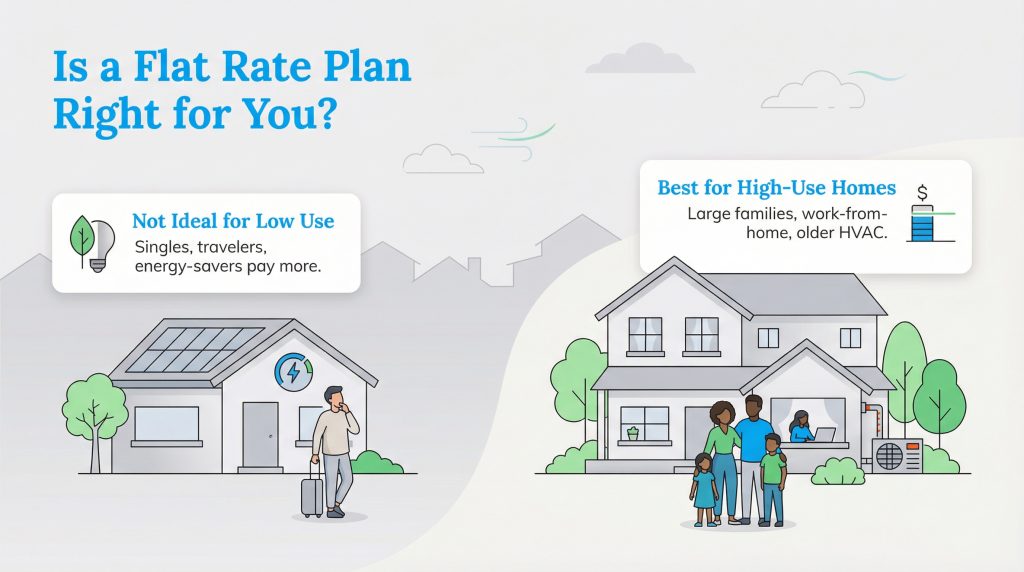 Infographic shows flat-rate plans are "Not Ideal for Low Use" homes but are "Best for High-Use Homes".