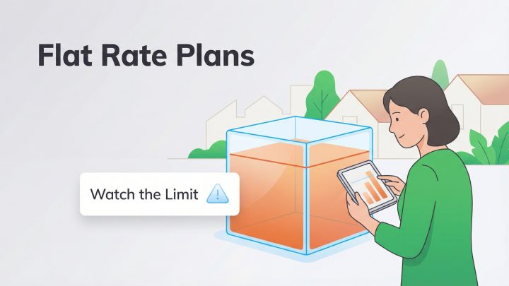A woman checks a tablet with usage data next to a water tank that has a "Watch the Limit" warning.