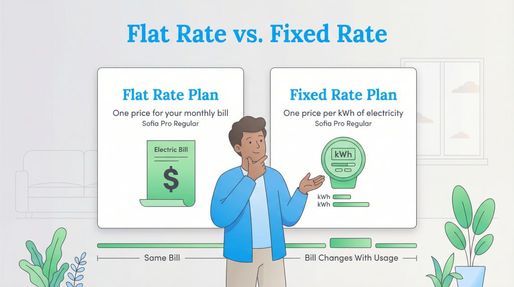 A man compares a flat rate plan with a consistent bill to a fixed rate plan where the bill changes with usage.