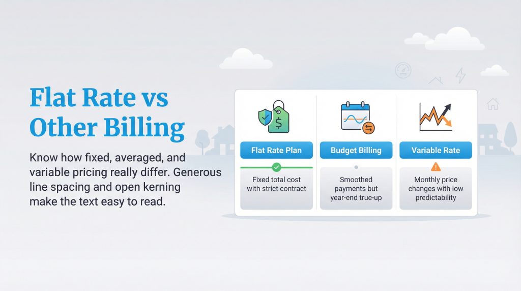 Diagram comparing Flat Rate, Budget Billing, and Variable Rate plans with their key features.