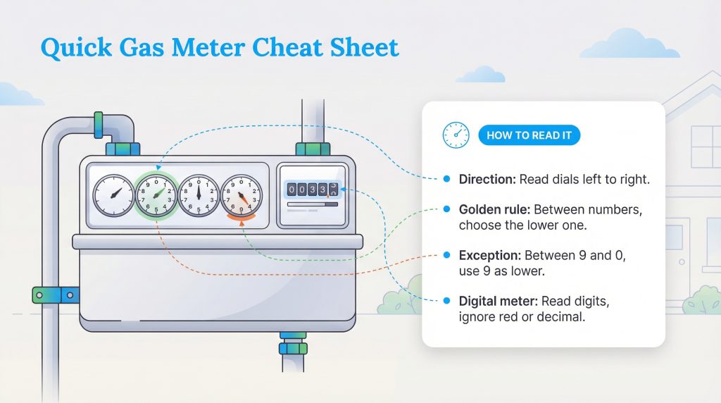 Infographic with rules for reading a gas meter's dials and digital display.