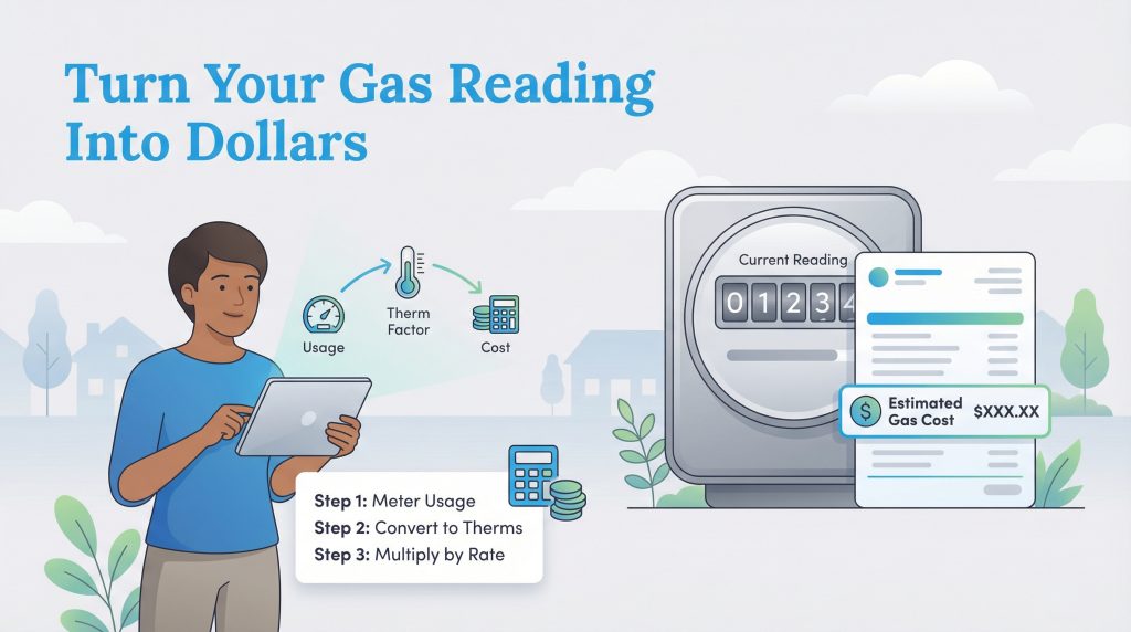 A person calculates gas costs from a meter reading and bill using a three-step process on a tablet.