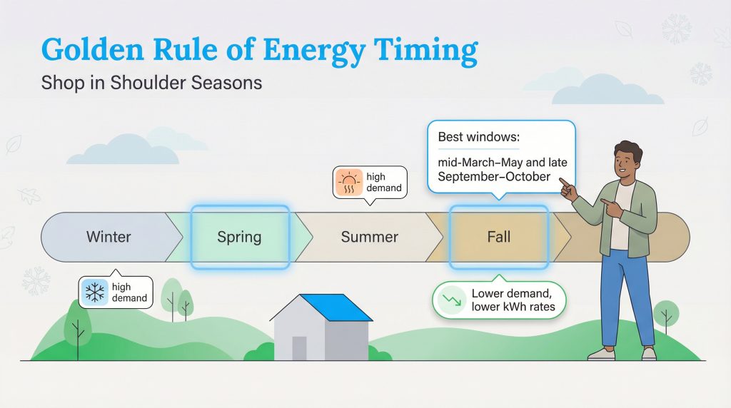 Infographic illustrating that spring and fall are the best times to shop for energy due to lower demand.