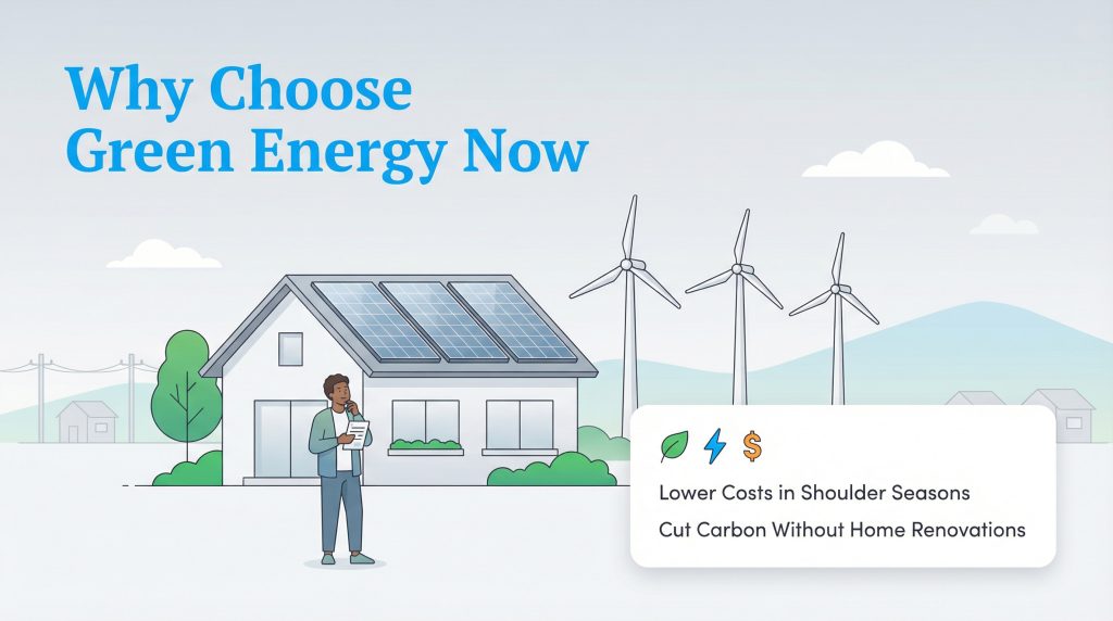 Illustration of house with solar panels, wind turbines, and text on green energy benefits.