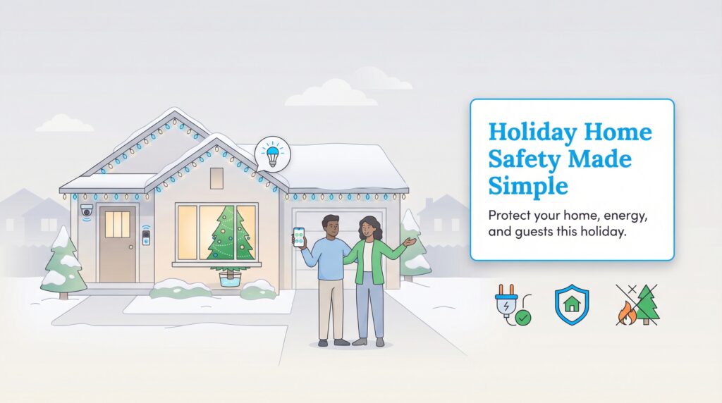 An infographic shows a couple using smart home tech for holiday safety, with icons for electrical, home, and fire safety.