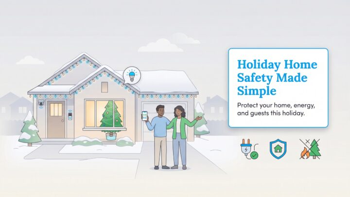 An infographic shows a couple using smart home tech for holiday safety, with icons for electrical, home, and fire safety.