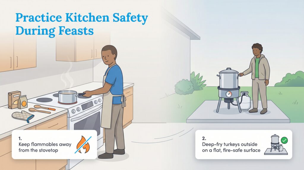 Illustration of indoor stovetop safety and outdoor turkey frying on a fire-safe surface.