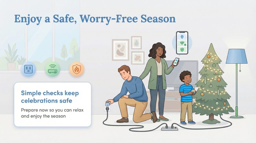 A family performs holiday safety checks like checking outlets and using a smart app.