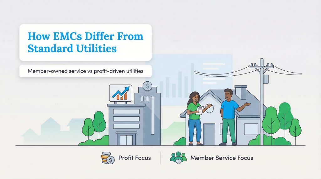Infographic contrasting profit-focused utilities against member-service focused EMCs.