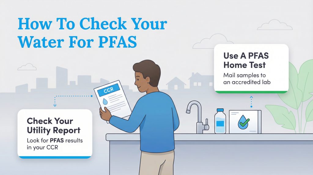 Infographic showing how to check water for PFAS using a utility report or a home test kit.