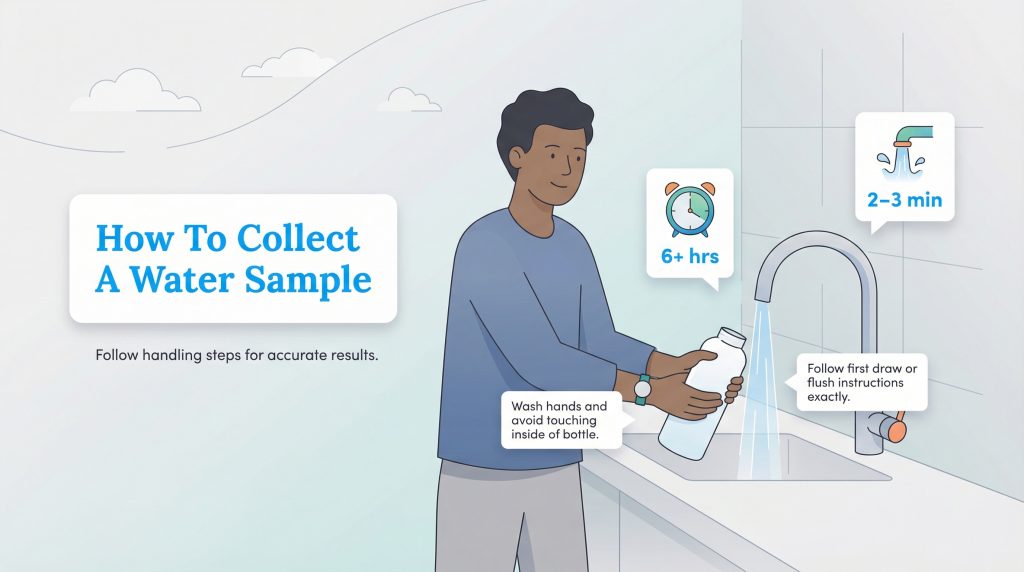 A man fills a bottle from a tap, with text bubbles detailing hand washing and timing instructions.
