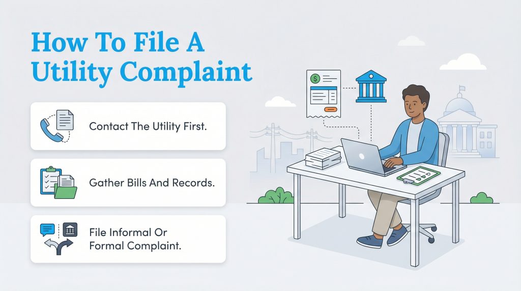 Infographic showing steps: contact utility, gather records, and file informal or formal complaint.