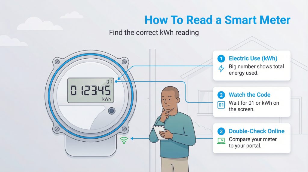 Infographic showing a man and a smart meter, with steps to read kWh, codes, and compare online.