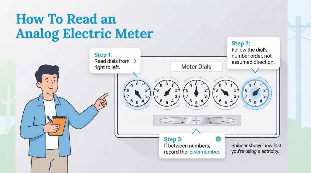 Illustration showing a person and a diagram illustrating the three-step process for reading an analog electric meter's five dials.