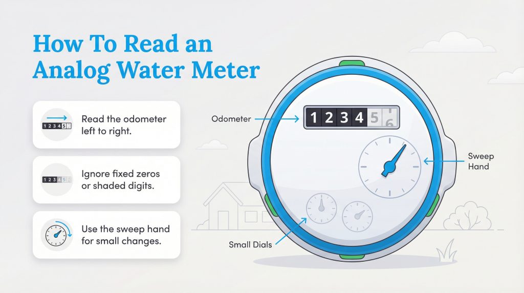 Diagram of an analog water meter with labels and three steps for reading the odometer and sweep hand.
