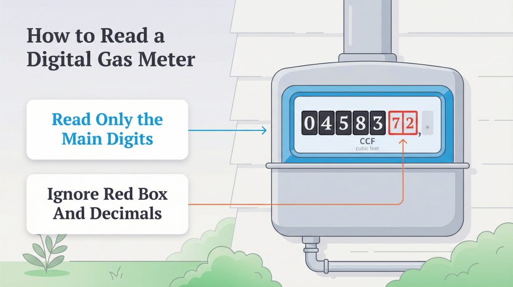 Diagram illustrating that you should read the main black digits on a gas meter and ignore the red box digits.
