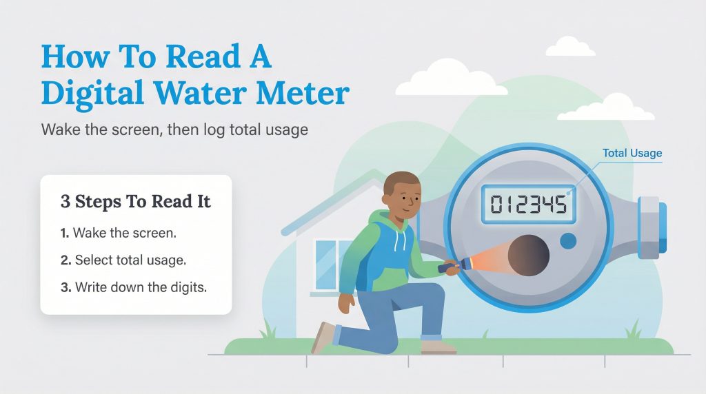 Illustration of a person reading a digital water meter using a flashlight, with three listed steps.