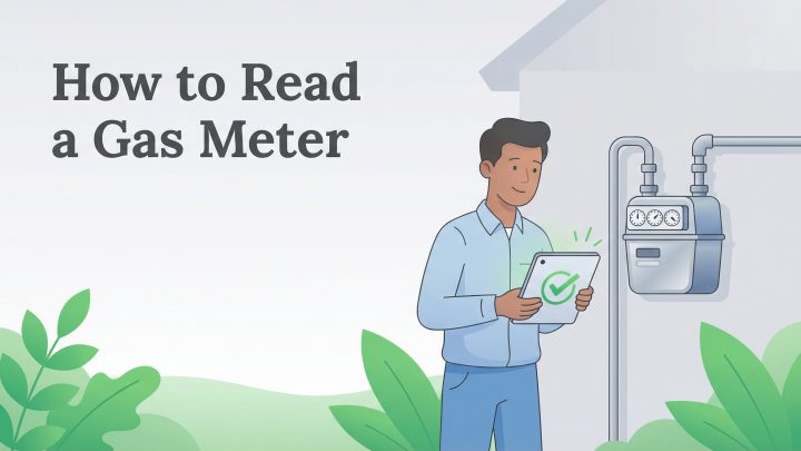 Illustration of a man with a tablet next to a gas meter, titled How to Read a Gas Meter.